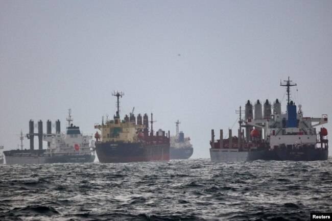 FILE - Vessels are seen as they wait for inspection under United Nation's Black Sea Grain Initiative in the southern anchorage of the Bosporus in Istanbul, Turkey, Dec. 11, 2022.