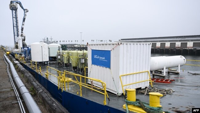 Equipment on a barge for UCLA's SeaChange climate change carbon removal project at the Port of Los Angeles in San Pedro, California on April 12, 2023.