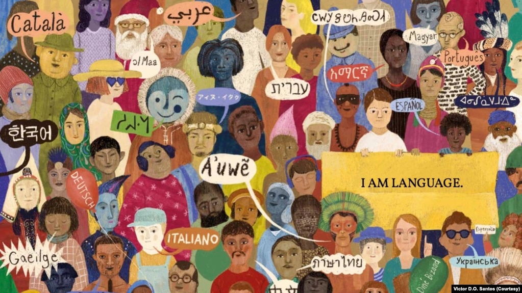 "What Makes Us Human" is written as a riddle, and is meant to show the value of language. Here characters are saying what their native language is.