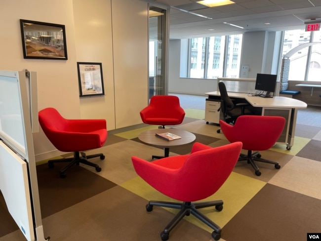 A seating and work area at the Workplace Innovation Lab located at the Washington headquarters of the U.S. General Service Administration (GSA), August 11, 2023.