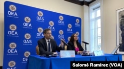 Hector Schamis, asesor del secretario general de la OEA y Tamara Suju, directora ejecutiva del Instituto CASLA, presentan informe sobre crímenes de lesa humanidad ocurridos en las cárceles de Venezuela. 15 de febrero de 2023.