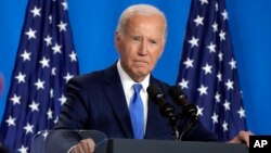 FILE - Presiden Joe Biden berpidato dalam konferensi pers, 11 Juli 2024, di Washington, DC. Joe Biden menyatakan ia mengundurkan diri dari pencalonan Pilpres AS 2024, Minggu 21 Juli 2024.