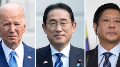 Esta fotografía combinada muestra al presidente Joe Biden, desde la izquierda, y al primer ministro japonés, Fumio Kishida, el 10 de abril de 2024, en Washington, y al presidente filipino, Ferdinand Marcos Jr., el 12 de marzo de 2024, en Berlín.