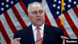 FILE - U.S. House Majority Leader Steve Scalise speaks during a press conference on Capitol Hill in Washington, July 12, 2023.