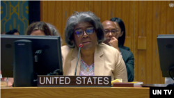 12일 뉴욕 유엔본부에서 열린 북한 인권 관련 안보리 공개회의에서 린다 토머스-그린필드 유엔 주재 미국대사가 발언하고 있다.