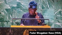 Shugaban Najeriya Bola Ahmed Tinubu lokacin da yake jawabinsa a taron Majalisar Dinkin Duniya karo na 78 a binin New York, Amurka