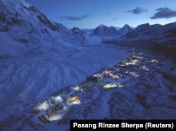 FILE - A general view of the Everest base camp taken from a drone, in Nepal April 24, 2023. (REUTERS/Pasang Rinzee Sherpa )