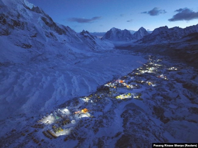 FILE - A general view of the Everest base camp taken from a drone, in Nepal April 24, 2023. (REUTERS/Pasang Rinzee Sherpa )