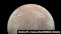 This view of Jupiter’s icy moon Europa was captured by the JunoCam imager aboard NASA’s Juno spacecraft.