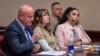 Hannah Gutierrez-Reed, center, prepares for a sentencing hearing in state district court in Santa Fe, New Mexico, April 15, 2024. (Eddie Moore/The Albuquerque Journal via AP, Pool)