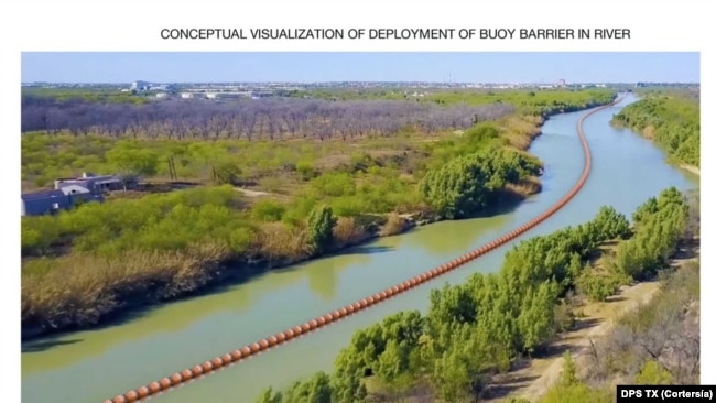 Visualización conceptual de la barrera flotante compuesta de boyas que, según anunció el gobernador de Texas, será instalada en el Río Grande para evitar el paso de migrantes.