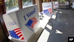 FILE - A ballot completion area is pictured in McCandless, Pennsylvania, Oct. 9, 2020.