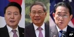 In this combination photos, South Korean President Yoon Suk Yeol, left, in London on Nov. 22, 2023, Chinese Premier Li Qiang, center, in Beijing on April 7, 2024, and Japanese Prime Minister Fumio Kishida speaks in Washington on April 10, 2024.