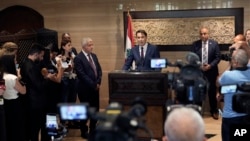 U.S. special envoy Amos Hochstein, center, speaks to the media after his meeting with Lebanese Parliament Speaker Nabih Berri in Beirut, Lebanon, June 18, 2024.