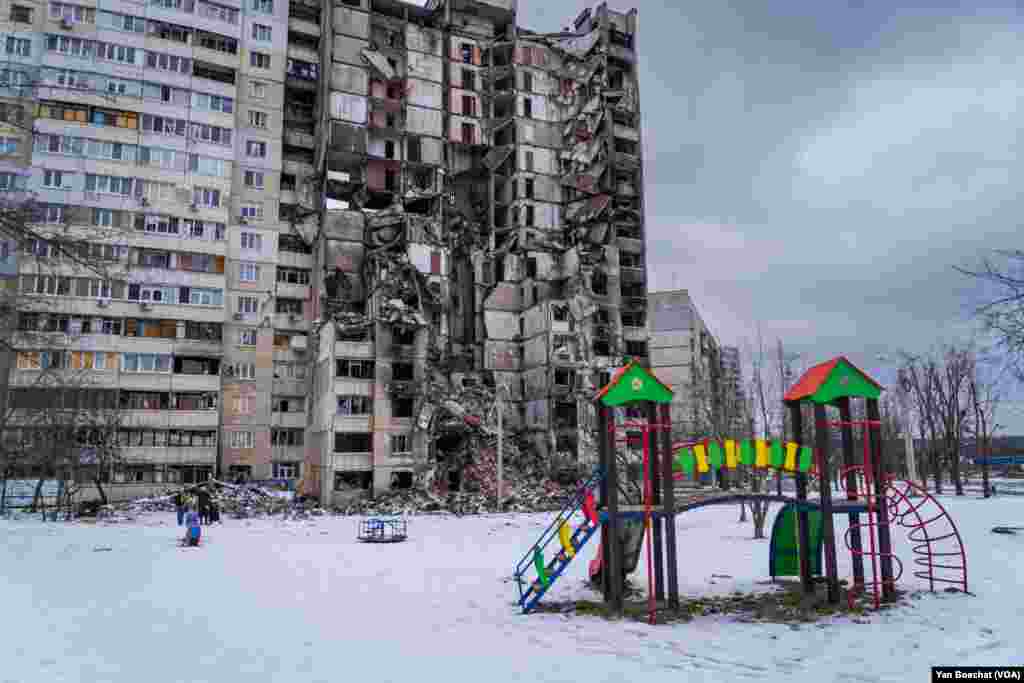 The residential district of Saltivka was the one most damaged during the Russian siege of Kharkiv, where dozens of buildings now sit empty, Feb. 17, 2023. 