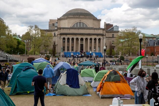 FILE - Students and other protesters are in a tent camp on the campus of Columbia University in New York on Wednesday, April 24, 2024. (AP Photo/Ted Shaffrey)