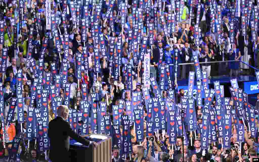 U.S. President Joe Biden speaks on stage on the first day of the Democratic National Convention (DNC) at the United Center in Chicago, Illinois, Aug. 19, 2024. 