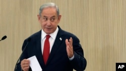 Israeli Prime Minister Benjamin Netanyahu during a news conference after a meeting with Cypriot President Nikos Christodoulides and Greek PM Kyriakos Mitsotakis in Nicosia, Cyprus, Sept. 4, 2023.