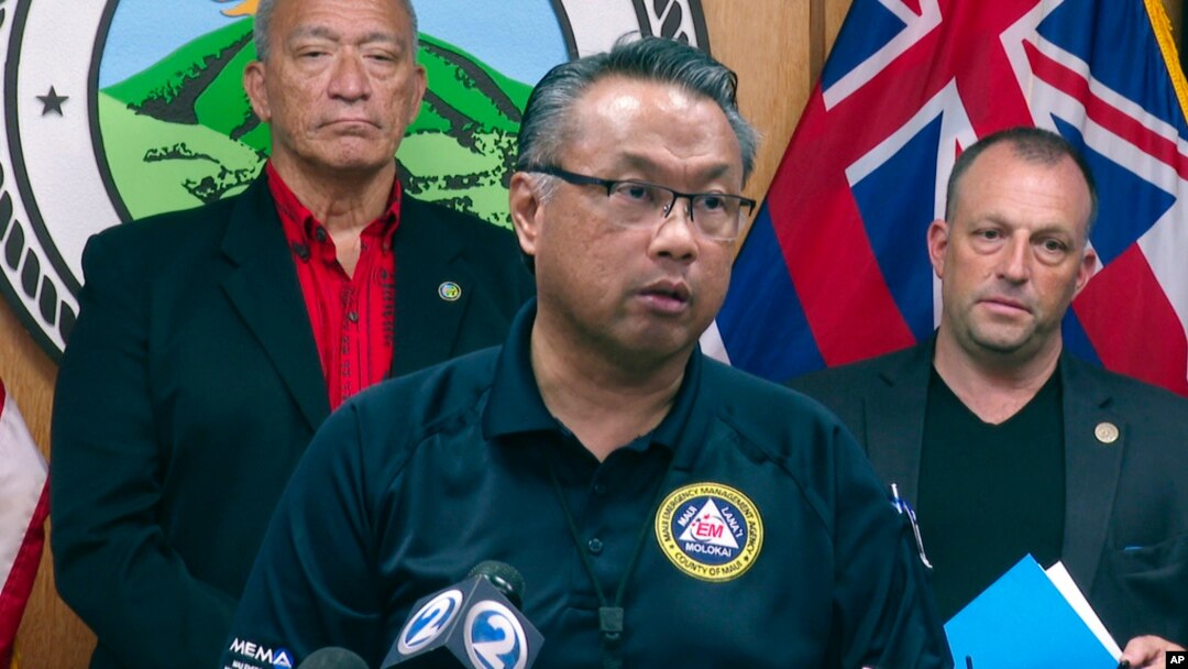 In this image taken from video, Maui Emergency Management Agency Administrator Herman Andaya speaks during a news conference in Wailuku, Hawaii, Aug. 16, 2023. 