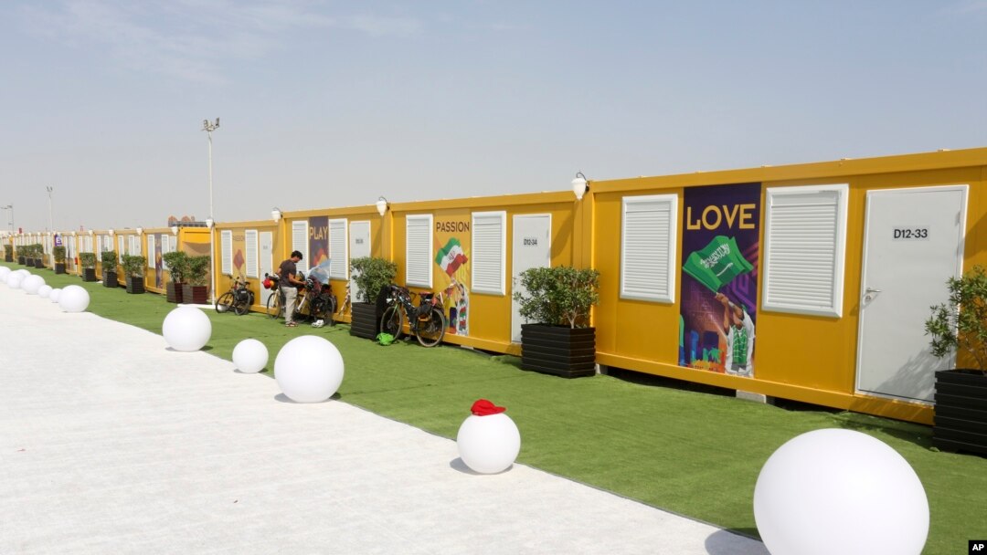 FILE - Cabins line the World Cup fan village, Nov. 10, 2022, in Doha, Qatar. 