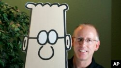 FILE - Scott Adams, creator of the comic strip 'Dilbert,' poses with the Dilbert character in his studio in Dublin, Calif., Oct. 26, 2006. 