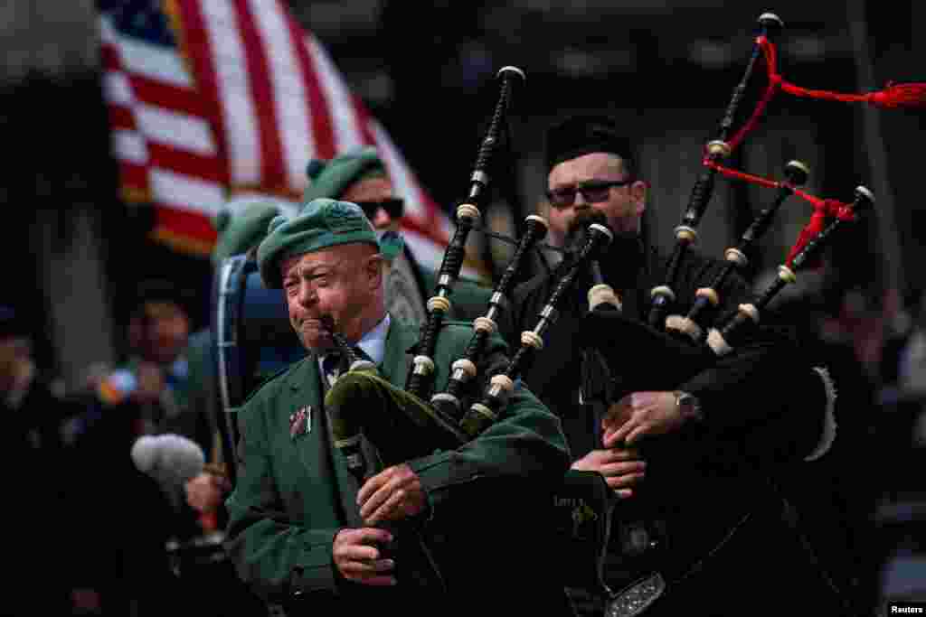 Revelers march during the annual Saint Patrick's Day Parade on 5th Avenue in Manhattan, New York City, March 16, 2024. 