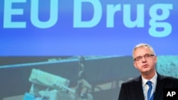 FILE - European Monitoring Centre for Drugs and Drug Addiction Director Alexis Goosdeel addresses the media on the EU Drug Markets Report at EU Commission headquarters in Brussels on Tuesday, April 5, 2016.