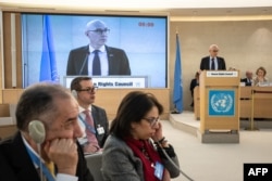 Komisaris Tinggi PBB untuk Hak Asasi Manusia Volker Turk menyampaikan pidato pada sidang Dewan HAM PBB ke-52, di Jenewa, 27 Februari 2023. (Fabrice COFFRINI/AFP)