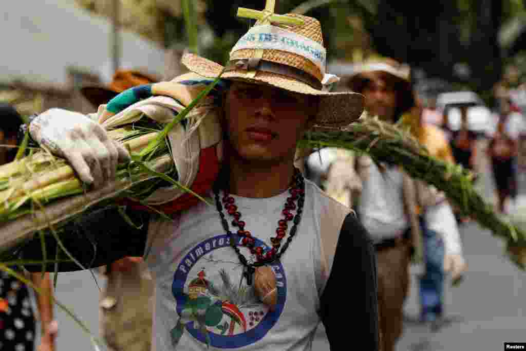 Un miembro de la hermandad Palmeros de Chacao lleva paquetes de hojas de palma para ser bendecidas en una iglesia católica para marcar el inicio de la Semana Santa, en Caracas.