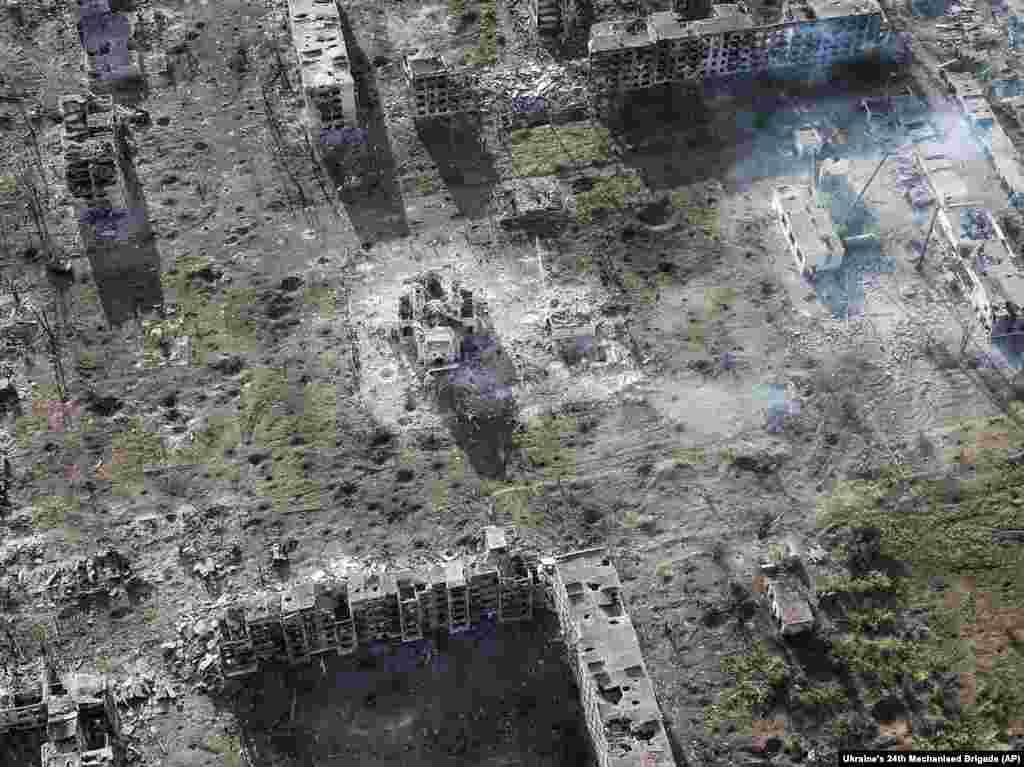 An aerial view shows the town of Chasiv Yar, the site of heaviest battles with the Russian troops in the Donetsk region, Ukraine, July 3, 2024.