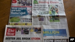 FILE - A collage of newspapers report on the story of South African police having launched a manhunt for convicted rapist and murderer Thabo Bester, who escaped from a privately-run maximum security prison in the Free State province under bizarre circumstances. 