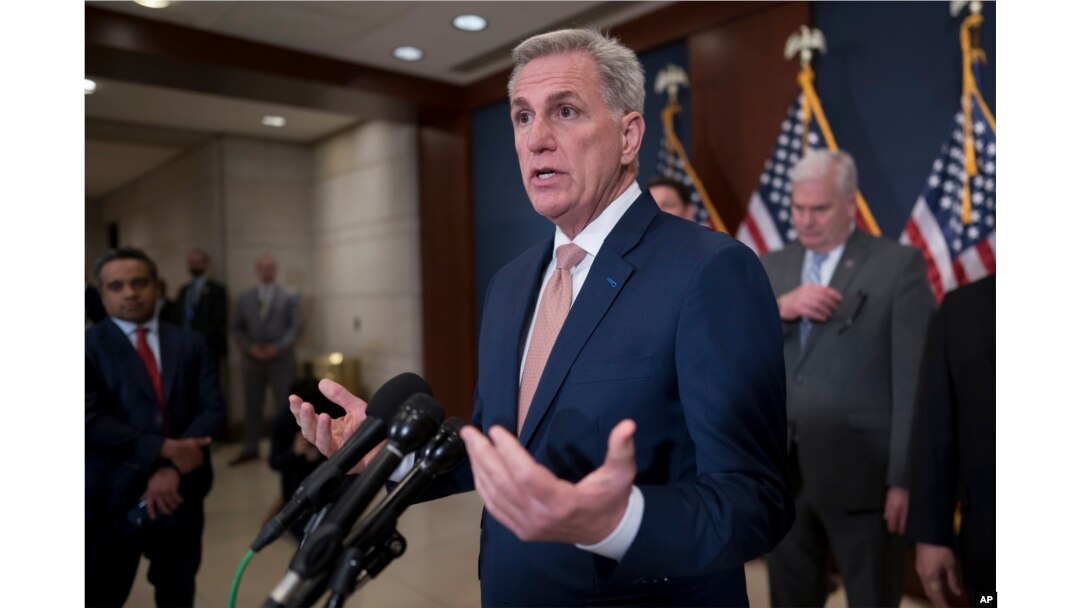 FILE - U.S. Speaker of the House Kevin McCarthy and Republican leaders meet with reporters following a closed-door briefing on the budget to be submitted by President Joe Biden, at the Capitol in Washington, March 8, 2023.