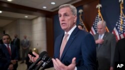 U.S. Speaker of the House Kevin McCarthy and Republican leaders meet with reporters following a closed-door briefing on the budget that will be submitted by U.S. President Joe Biden, at the Capitol in Washington, March 8, 2023.