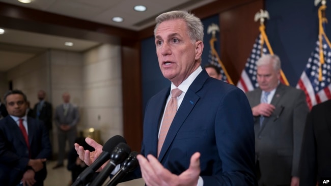 U.S. Speaker of the House Kevin McCarthy and Republican leaders meet with reporters following a closed-door briefing on the budget that will be submitted by U.S. President Joe Biden, at the Capitol in Washington, March 8, 2023.
