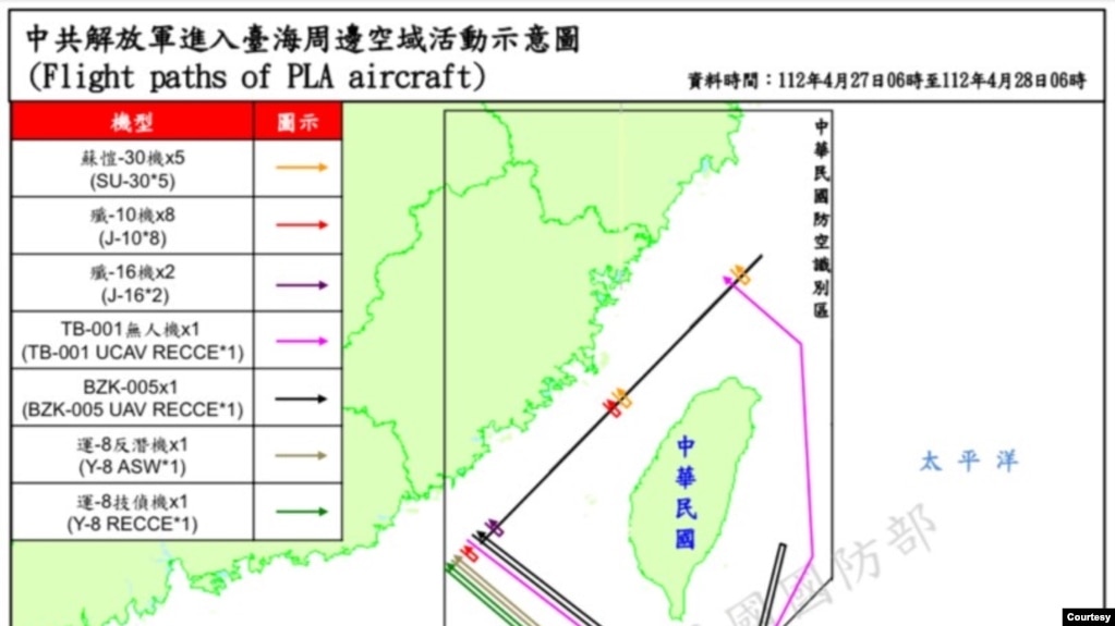台湾国防部2023年4月28日发表的中国人民解放军飞机绕台飞行示意图。(photo:VOA)