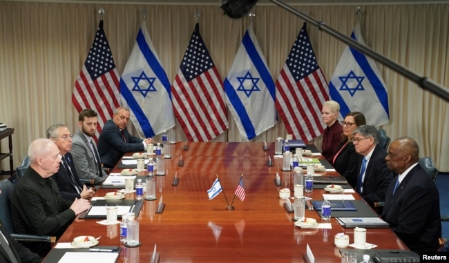 U.S. Secretary of Defense Lloyd Austin meets with Israeli Defense Minister Yoav Gallant at the Pentagon in Washington, March 26, 2024.