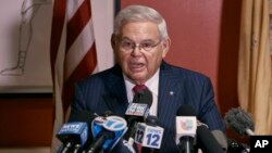 Sen. Bob Menendez speaks during a news conference in Union City, New Jersey, Sept. 25, 2023. Menendez defiantly pushed back against federal corruption charges leveled against him and pledged to remain in Congress.