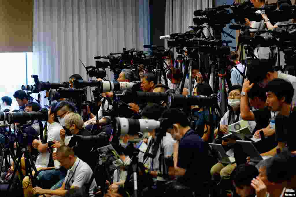 Media wait ahead of a press conference of Japan&#39;s talent agency Johnny &amp; Associates chief Julie K. Fujishima in Tokyo.&nbsp; The niece of Johnny Kitagawa, the late J-pop mogul accused of sexually abusing hundreds of boys and young men over decades, apologized for the abuse he carried out and stepped down as the head of the talent agency her uncle founded.