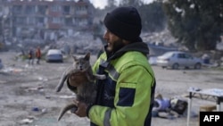 A man holds a cat he rescued from a building as rescuers extract the bodies of victims from collapsed buildings in Antakya, Turkey, on Feb. 15, 2023, nine days after a 7.8-magnitude struck the country.