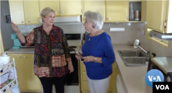 Barbara Weese (right) gives realtor Sharon Wooten a tour of her home in the Hawthorne at Leesburg retirement community in Florida, Feb. 27, 2023.