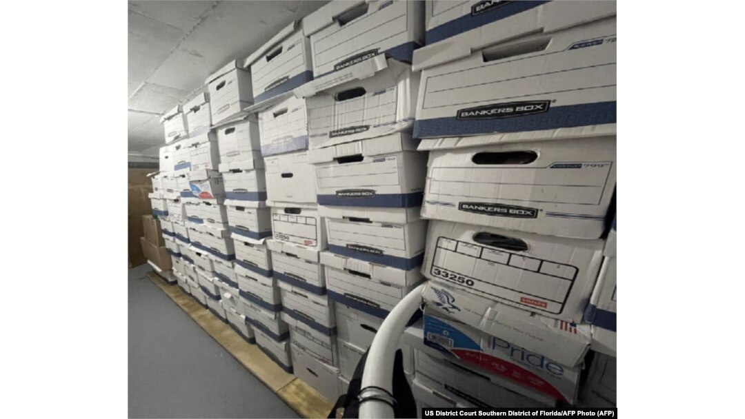 This undated image, released by the U.S. District Court Southern District of Florida, attached as evidence in the indictment against former U.S. President Donald Trump shows boxes stored allegedly at Mar-a-Lago, the former presidents private club.