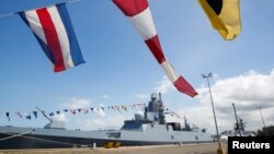 Russian frigate Admiral Gorshkov and Chinese frigate Rizhao (598) are seen ahead of scheduled naval exercises with Russian, Chinese and South African navies, in Richards Bay, South Africa, Feb. 22, 2023. 