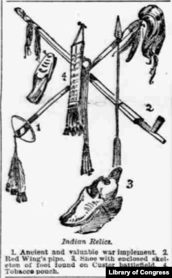 Illustration of Native American "relics" at the Whitechapel Club, Chicago, published in the Pittsburgh Dispatch, Sunday, April 20, 1890.