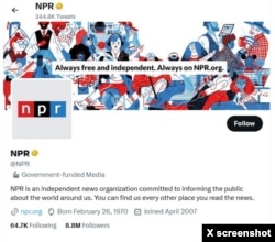 FILE - The Twitter profile of National Public Radio, which on April 10, 2023, is marked as "Government-funded Media," a change from having been marked "state-affiliated media" days earlier. VOA and BBC have a similar label.