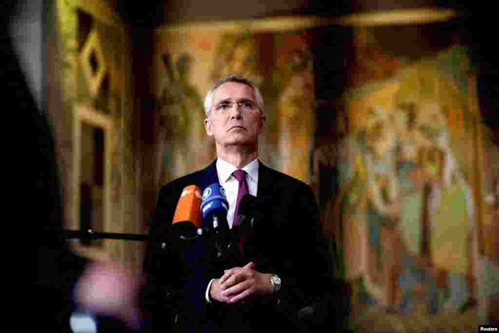 NATO Secretary-General Jens Stoltenberg arrives at Oslo City Hall during NATO's informal meeting of foreign ministers in Oslo, Norway, June 1, 2023. (Hanna Johre/NTB/via Reuters)