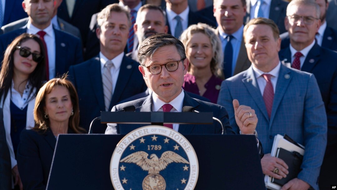 FILE - House Speaker Mike Johnson speaks during a news conference at the Capitol in Washington, Oct. 25, 2023. Congressional leaders have reached a deal on top-line spending levels for fiscal year 2024 that could help avoid a partial government shutdown later this month.