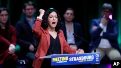 FILE - Far-left candidate for the European elections Manon Aubry, of the France Insoumise (France Unbowed) party, speaks during a meeting in Strasbourg, eastern France, on April 23, 2024.