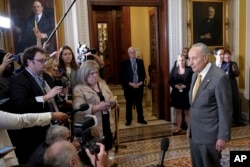 Senate Majority Leader Chuck Schumer of New York speaks to the media on Capitol Hill on Sept. 21, 2023.