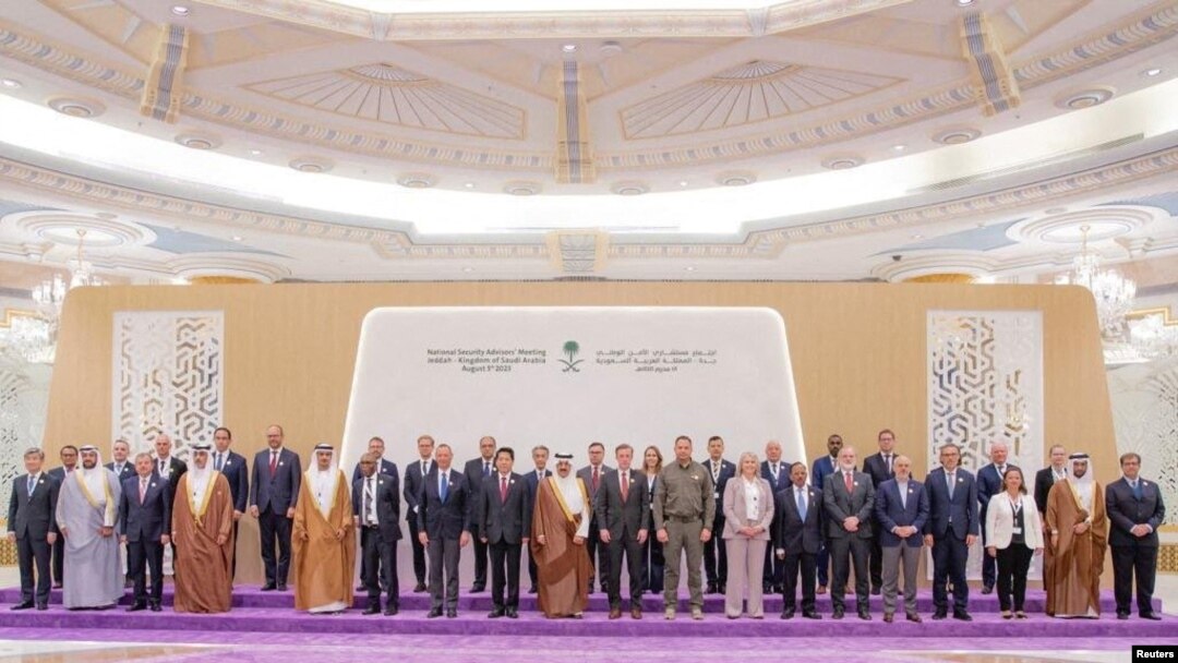 Representatives from more than 40 countries, including the U.S. and China, pose for a group photo as they attend talks in Jeddah, Saudi Arabia, Aug. 6, 2023, to look for ways to end Russia's war in Ukraine. (Saudi Press Agency/Handout via Reuters)
