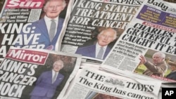 FILE - A selection of front pages of the British national newspapers for Feb. 6, 2024, after it was announced that King Charles III has cancer. 